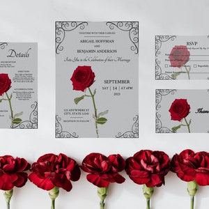 Modello di invito a nozze con rose vintage, set di inviti a nozze con rose rosse, biglietto con dettagli rosa rossa classica vintage, RSVP stampabile