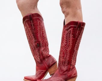 Botas de vaquera rojas hechas a mano para mujer
