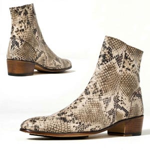 Bottines en peau de serpent pour femmes, bout pointu, imprimé python occidental, bottines à talons carrés, cuir végétalien