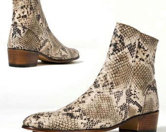 Damskie botki ze skóry wężowej, ze spiczastym noskiem, z nadrukiem w stylu zachodnim, na klockowym obcasie, ze skóry wegańskiej