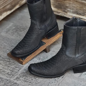 Botines de piel de serpiente pitón, piel negra con cremallera lateral, hechos a mano, exóticos para mujer.