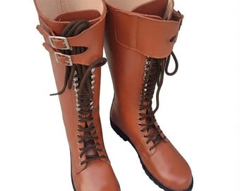 Botas marrones de cuero con cordones, calzado de equitación vintage, zapatos de moto hasta la rodilla con hebilla.