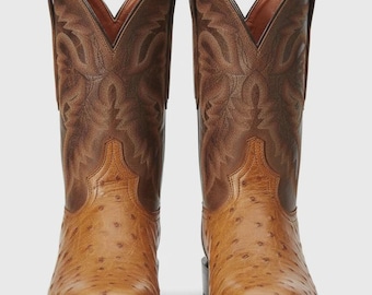 Botas de avestruz de pluma completa, botas vaqueras exóticas del oeste, calzado de cuero hecho a mano.