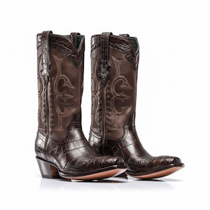 Puede incluir: Un par de botas de vaquero marrones con costuras intrincadas y un patrón texturizado similar al de un cocodrilo. Las botas tienen una punta puntiaguda, un tacón apilado y detalles decorativos en la caña. Las botas son de cuero.
