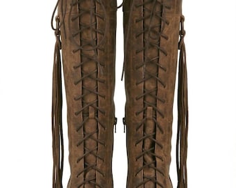 Zapatos de montar altos de cuero marrón envejecido - Zapatos vaqueros estilo western con flecos, borlas y cierre de cordones con cremallera trasera.