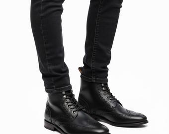 Men Black Leather Brogue Boots, Handmade Wingtip Ankle Boots, Lace Up Dress Shoes