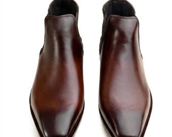 Handmade Brown Leather Boots for Men, Italian Chelsea Ankle Shoes Formal Casual