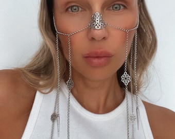 Face Chain with Hematite stone and lace details, double silver facechain, festival jewelry, head jewelry, Burning Man style, festival outfit