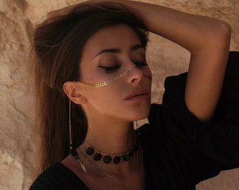 Face Chain with Lava Stone, face chain jewelry,  gold Face Chain, 24K gold, festival jewelry, nose chain, facechain veil, burning man jewelr