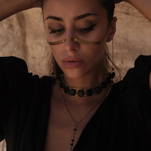 Face Chain with Lava Stone, face chain jewelry, gold Face Chain, 24K gold, festival jewelry, nose chain, facechain veil, burning man jewelr image 2