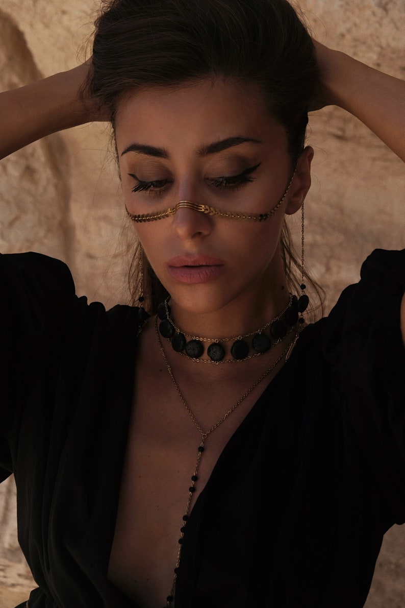 Face Chain with Lava Stone, face chain jewelry, gold Face Chain, 24K gold, festival jewelry, nose chain, facechain veil, burning man jewelr image 2