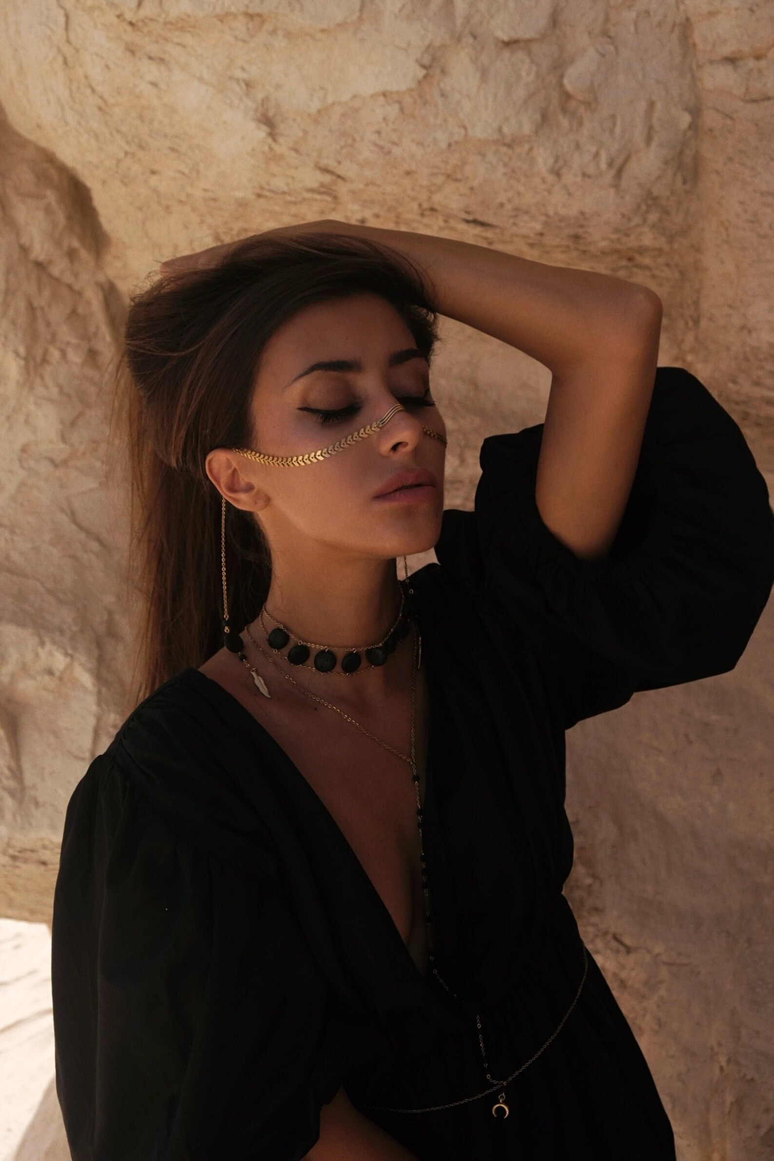 Face Chain With Lava Stone, Face Chain Jewelry, 24K Gold Plated Face