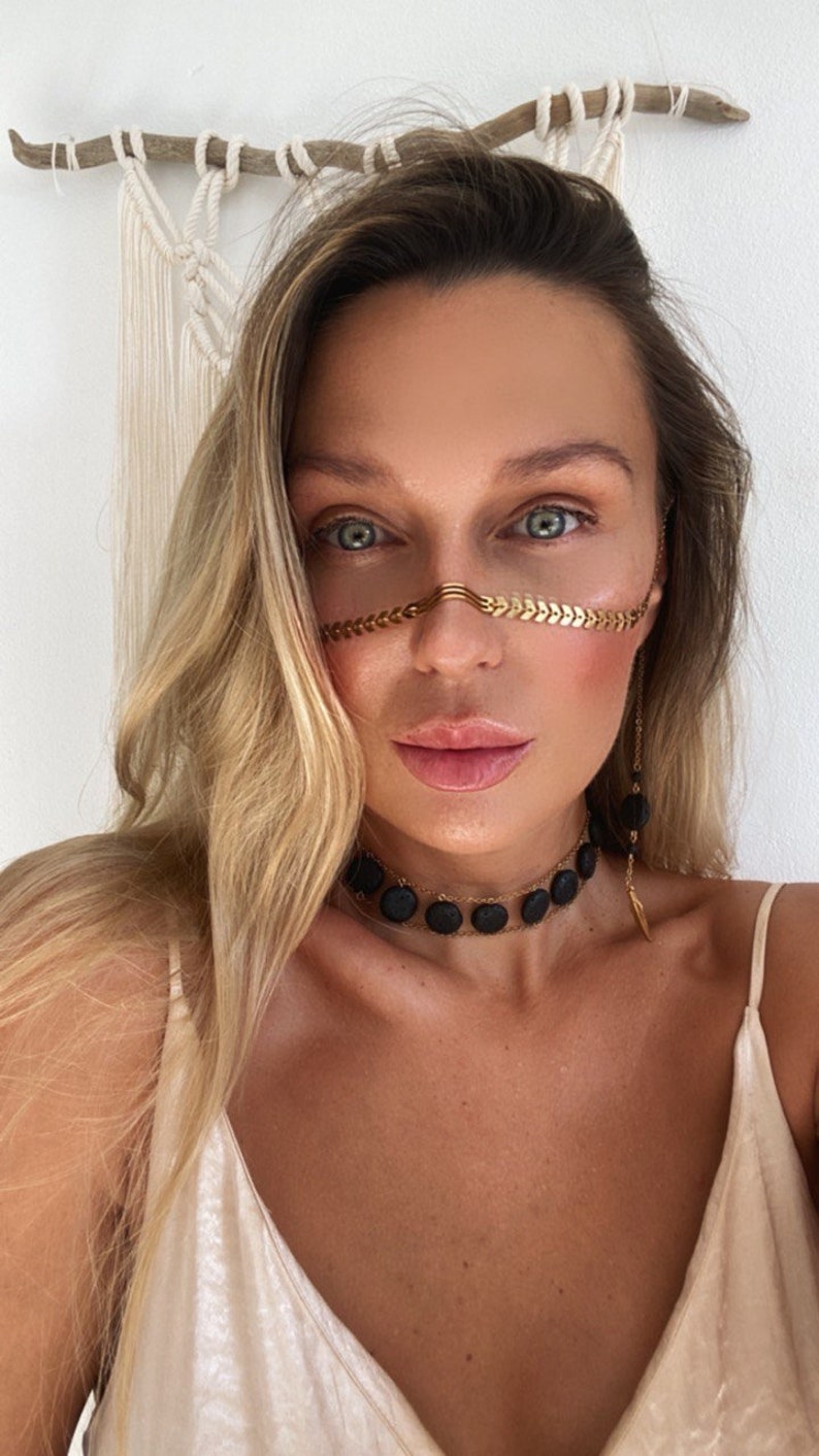 Face Chain with Lava Stone, face chain jewelry, gold Face Chain, 24K gold, festival jewelry, nose chain, facechain veil, burning man jewelr image 5