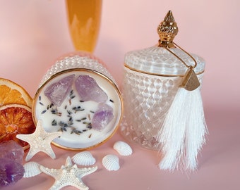 Beach Candle | Custom Gift| February birthstone candle | Handmade | Birthday gift| Amethyst crystal candle | Realtor gift | Best gift