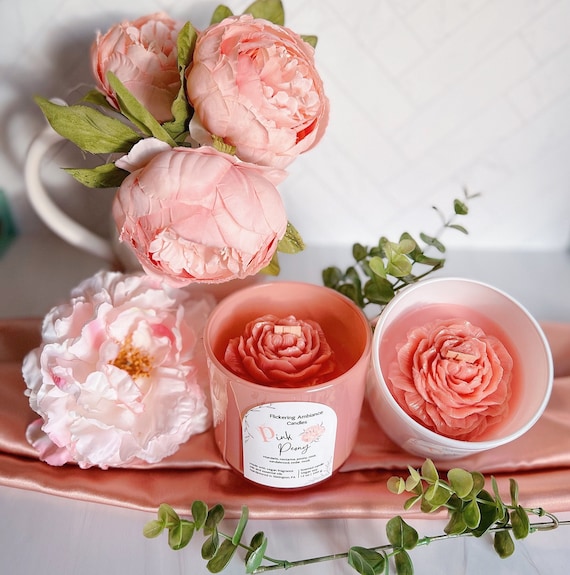 Peony Candle Vegan Soy Wax Floral Candle Handmade Wooden Wick