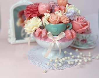 Floral Candle Bouquet | Peony Rose Tea Party Arrangement | Hand poured soy wax candles