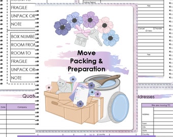 Può includere: Un quaderno illustrato rosa e blu con un titolo che dice "Move Packing & Preparation". Il quaderno ha un design floreale e un'immagine di un barattolo di vernice, scatole e un gatto. Il quaderno ha una rilegatura a spirale e dice "Over 100 pages" in basso.
