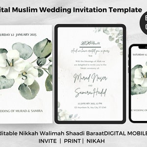 Editable Digital Muslim Wedding Invitation Template | Islamic Invite  |  Nikkah Walimah Shaadi Baraat | editable | E-Invite | Green Elegant