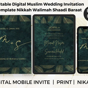 Editable Digital Muslim Wedding Invitation Template | Nikkah Walimah Shaadi Baraat | editable | E-Invite | Green Elegant