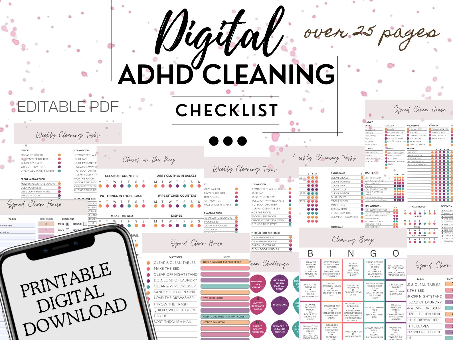 デジタル ADHD 掃除チェックリスト | 掃除プランナー | ADHD 雑用表 | 記入可能な PDF | To Do リスト | カスタマイズ可能