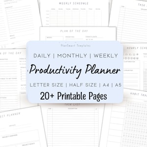 May include: A set of printable productivity planner pages in black and white. The pages include sections for daily, weekly, and monthly planning, as well as task lists, habit trackers, and hourly schedules. The text on the pages reads "Daily | Monthly | Weekly Productivity Planner, Letter Size | Half Size | A4 | A5, 20+ Printable Pages".