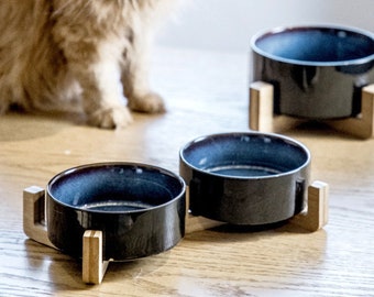 CAT DOG Fressnapf Single Double Bowl | Small 400 ML Big 850ML | blue | round Ceramic Bamboo safe | Conveniently dishwasher safe