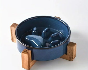 CAT DOG Fressnapf Cuenco Individual Doble 400 ML | azul | caja fuerte redonda de cerámica de bambú | Convenientemente apto para lavavajillas | comer despacio