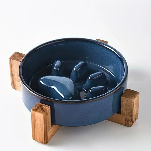 CAT DOG Fressnapf Single Double Bowl 400 ML | blau | rund Ceramic Bambus safe  | Conveniently dishwasher safe | slow eating