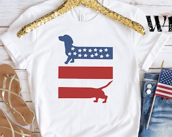 Patriotic 4th of July Doxie dog shirt, American flag dachshund tshirt, Independance Day Fourth of July dachshund lover cute summer shirt