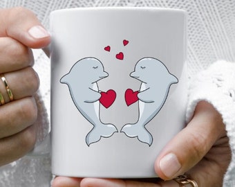 Dolphin Mug, Valentines Day Mug, Heart Mug, Aesthetic Love Mug, Anniversary Mug, Romantic Coffee Mug, Ceramic Coffee Mug