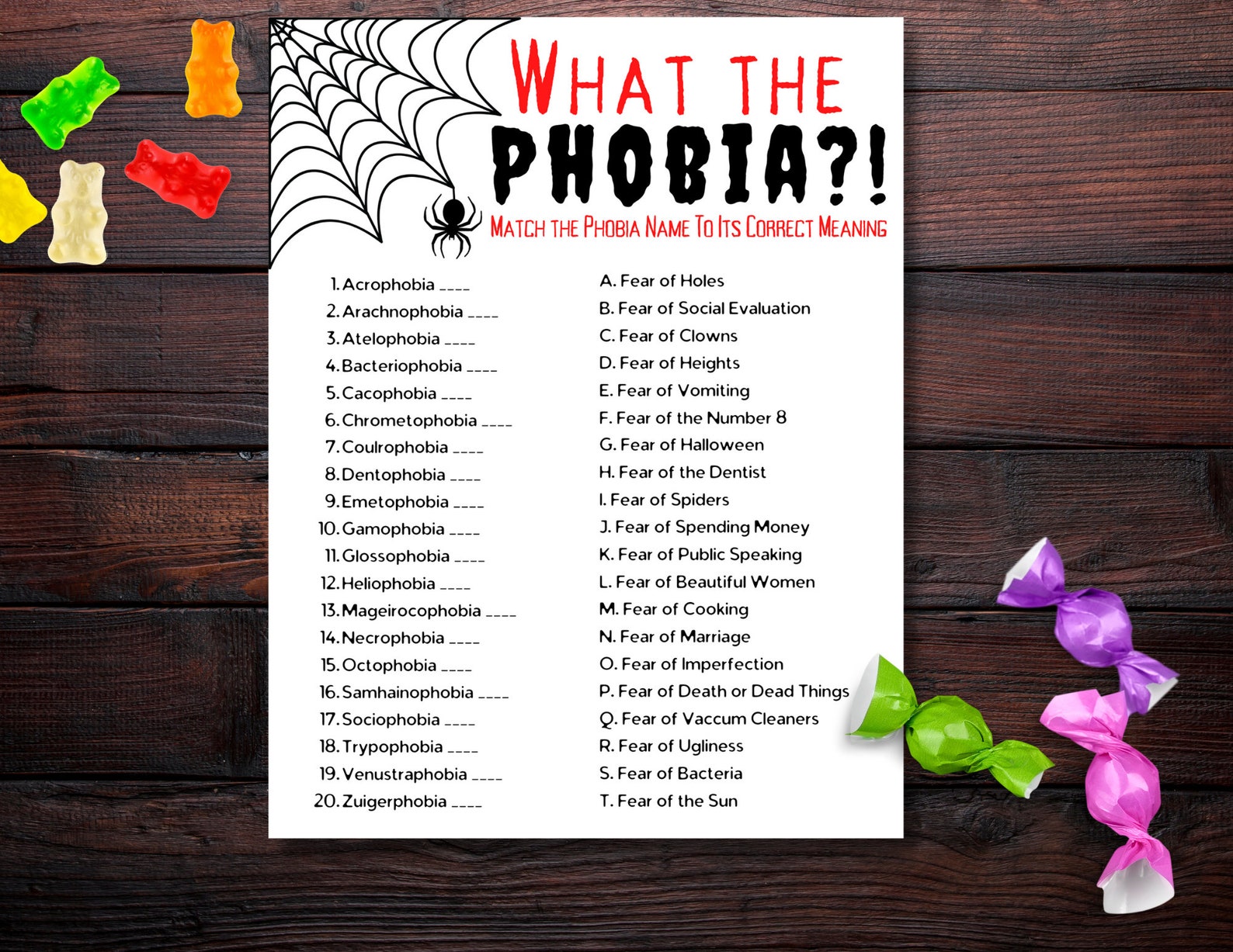 Halloween Party Game What the Phobia Matching Phobia Game Etsy