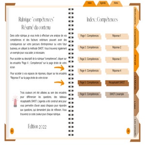 May include: A page from a workbook titled "Rubrique 'comp&eacute;tences'" with a brown and white color scheme. The page includes a table of contents with headings for "Index", "Agenda", and "Notes". The page also includes a section titled "Index: Comp&eacute;tences" with a list of topics related to skills and abilities. The topics include "Page 1: Comp&eacute;tences", "Page 2: Comp&eacute;tences", "Page 3: Comp&eacute;tences", "Page 4: Comp&eacute;tences", "Page 5: Comp&eacute;tences", and "Page 6: Comp&eacute;tences".