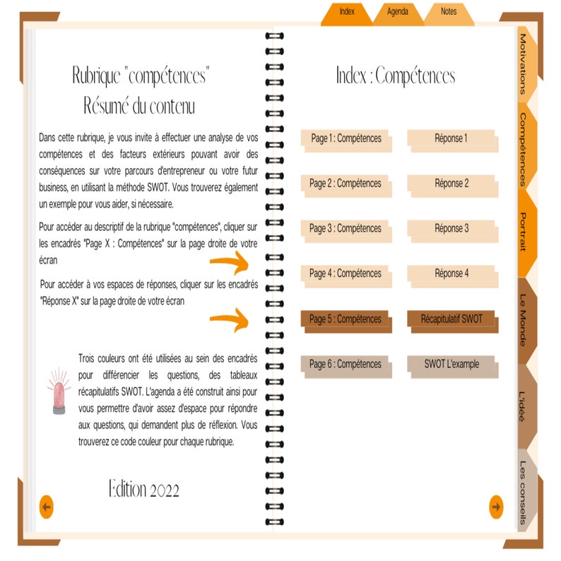 May include: A page from a workbook titled "Rubrique 'comp&eacute;tences'" with a brown and white color scheme. The page includes a table of contents with headings for "Index", "Agenda", and "Notes". The page also includes a section titled "Index: Comp&eacute;tences" with a list of topics related to skills and abilities. The topics include "Page 1: Comp&eacute;tences", "Page 2: Comp&eacute;tences", "Page 3: Comp&eacute;tences", "Page 4: Comp&eacute;tences", "Page 5: Comp&eacute;tences", and "Page 6: Comp&eacute;tences".