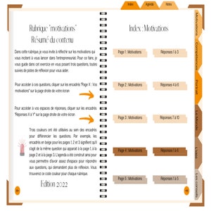 May include: A page from a workbook titled "Rubrique 'motivations' Resume du contenu" with a table of contents for the "Motivations" section. The table lists page numbers and corresponding topics, such as "Page 1: Motivations" and "R&eacute;ponses 1 &agrave; 3".