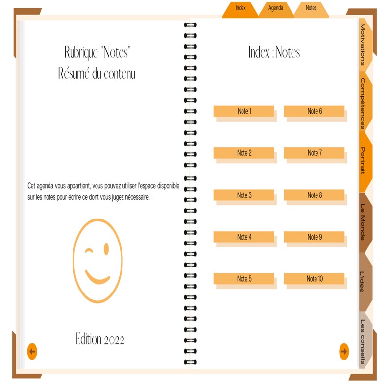 May include: A yellow and orange notebook with a spiral binding. The cover has the text "Rubrique 'Notes' Resume du contenu" and "Edition 2022". The inside of the notebook has a section labeled "Index: Notes" with numbered notes.