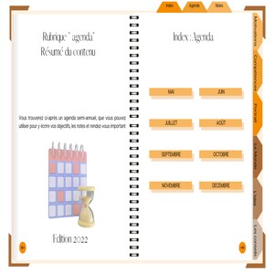 May include: A calendar with a hourglass, a page from a planner with the text "Rubrique - agenda" and "Resume du contenu". The planner has a section for each month of the year, from May to December.