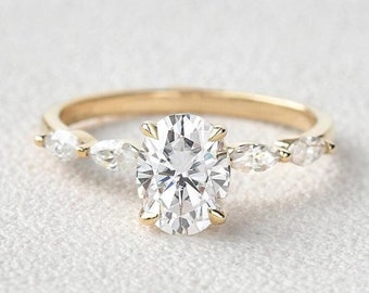 Ovaal geslepen Moissanite verlovingsring, kant Marquise Moissanite halve eeuwigheid ring, 14k geel gouden belofte ring voor haar, verjaardag ring