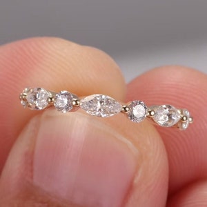Alternating Marquise and Round Cut Colorless Moissanite Wedding Band, Half Eternity Bubble Prong Set Ring, Stackable Band, Gifts For Women