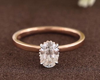 0.75 CT Oval Moissanite Engagement Ring | 14K Rose Gold Beaded Solitaire | Dainty Bridal, Anniversary, or Promise Jewelry Gift