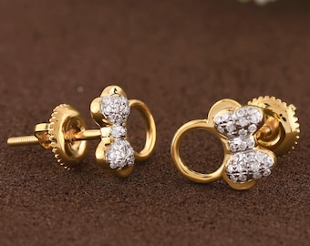 14K Gold Mickey Diamond Stud Earrings | Natural Round Diamond Studs | Disney Inspired Cute Earrings | Birthday & Valentine Gift for Her