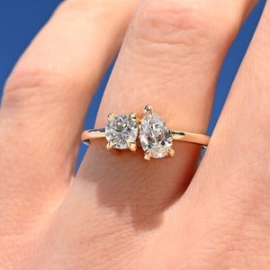 14K Yellow Gold Toi et Moi Moissanite Ring: Pear & Round Two Stone Engagement