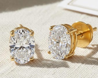 Pendientes ovalados de diamantes de laboratorio, cierres de rosca de oro macizo, pendientes solitario seguros, regalo para ella, regalo de aniversario, joyería fina.