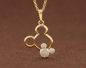 Sterling Silver Mickey Mouse Necklace | Diamond Pendant Mid-Century Style | Disney Jewelry Gift for Women, Girls & Collectors