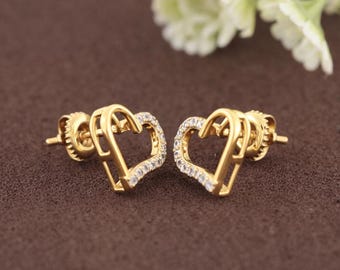 Pendientes de botón con forma de corazón y diamantes para mujer / Regalo minimalista de aniversario para ella