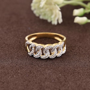 0.23 Carat Diamond Cuban Link Ring | 10k Yellow Gold Men’s Band | Hip Hop Statement Wedding Ring Jewelry Gift for Him