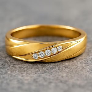 Solid Gold Diamond Wedding Band: Modern Six Stone Ring