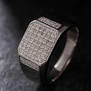 Men&#39;s 14KT Gold Diamond Signet Ring: Wide Wedding Band, Lab Grown Diamond or Moissanite