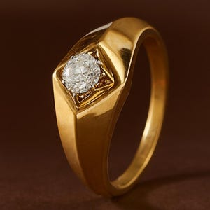 Men&#39;s 14KT Gold Diamond Signet Ring: Wide Wedding Band, Lab Grown Diamond or Moissanite