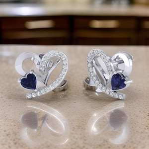 Heart Cut Sapphire Stud Earrings: Diamond Pave, 14K Gold