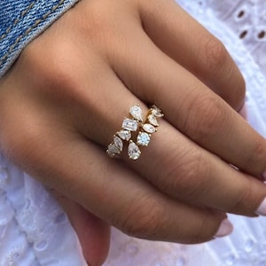 Multi Stein Diamant Ehering | Birne, Smaragd, Marquise & Rundschliff | sterling silber oder gold jubiläum schmuck schmuck geschenk